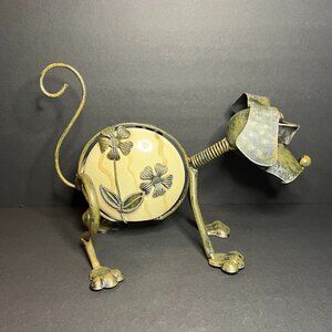 Unique Whimsical Metal Tin Floral Art Pottery Ceramic Dog Figure w/ Sunglasses